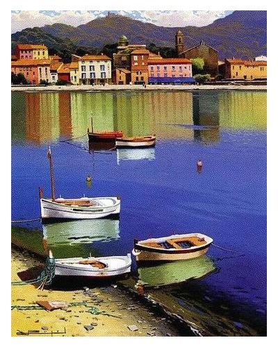 ציור שמן סירות על החוף וברקע עיירה צבעונית